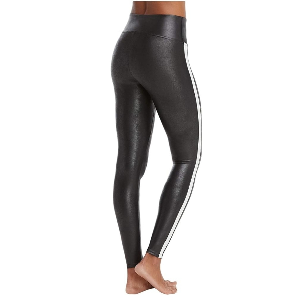 Spanx Faux Leather Stripe Black Leggings Contoured Power Waistband Size Small - Picture 3 of 13